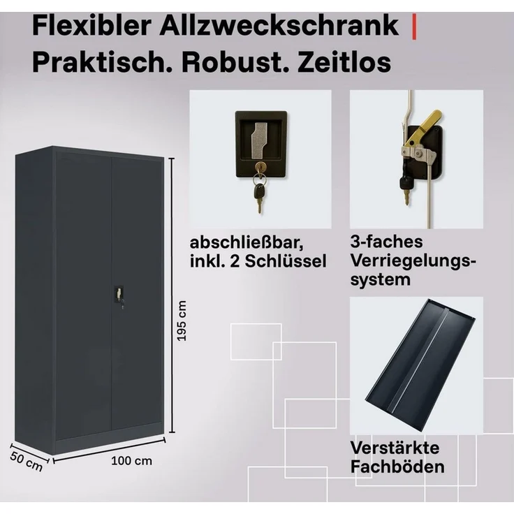 LagerZwei Aktenschrank Stahlschrank 195x100x50 cm (Packung, 2-St, 2er-Set) 3-fach verriegelt, 4 Böden, bis 60 Ordner, Flügeltüren 130° – Bild 3