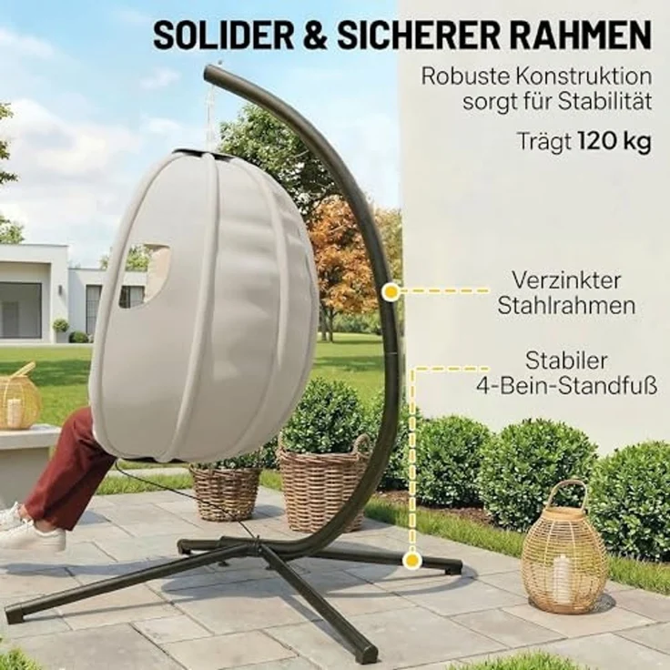 Outsunny Hängesessel mit dick Sitzpolstern, verstellbarer Höhe, Sicherheitsgurt (Eiförmiger Hängeschaukel, 1-St, faltbar Hängekorb), für Indoor Outdoor Garten Hellgrau – Bild 6