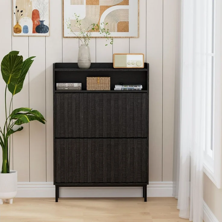 UEV Schuhschrank mit 2 Klappen Schuhregal Schukipper schmal platzsparend (Modern Schuhaufbewahrung mit Oberplatte Platzsparend, Anti-Kipp-Vorrichtung für Eingangsbereich Flur Diele) verstellbare Trennwand für verschiedene Schuhtypen – Bild 2