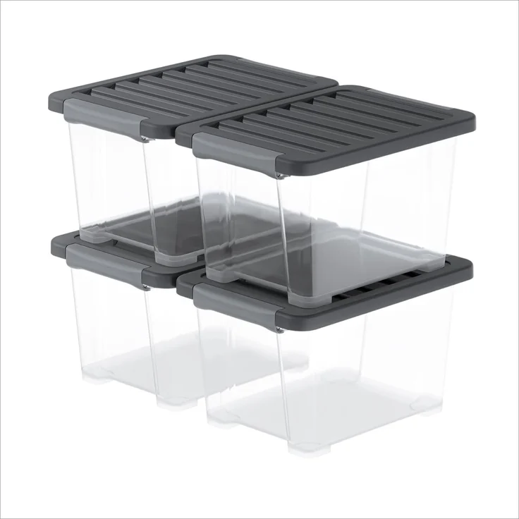 Rotho Core Pro Aufbewahrungsbox mit Deckel 4er-Set 15 L luftdicht klar | Aufbewahrungsboxen, stapelbar, transparenter Inhalt sichtbar, Dichtung und Clip-Verschluss, App-Anbindung für Ordnungssystem