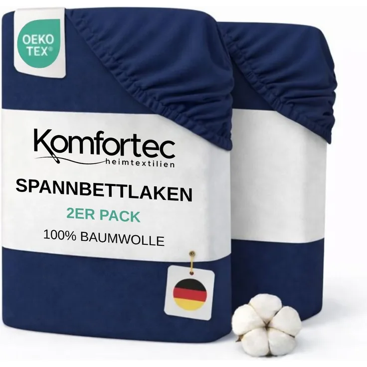 Komfortec Spannbettlaken Jersey 2er Set 100% Baumwolle – 180x200 cm – Weich, Atmungsaktiv & Hautfreundlich – Mit Rundumgummi – Oeko-Tex Zertifiziert – Für Boxspring, Topper & Matratzen – Blau