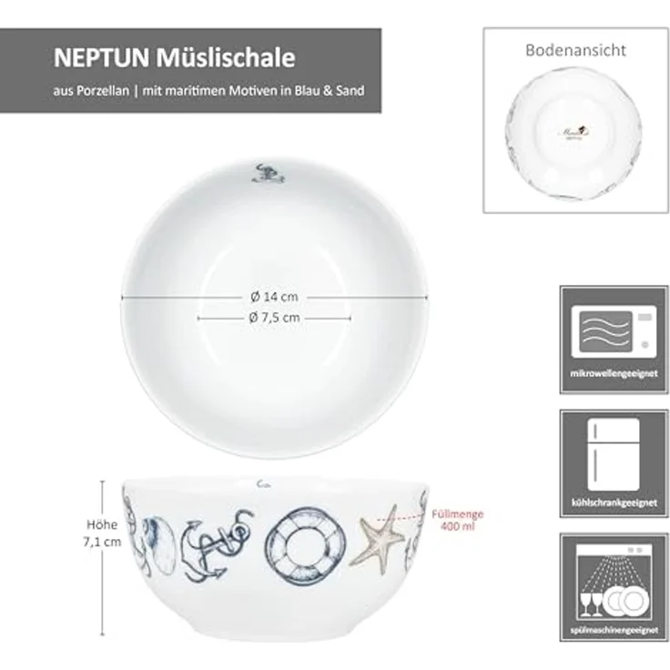 MamboCat Müslischale Neptun 6x Müslischale 14cm Porzellan Dessertschüssel maritim Anker, Porzellan – Bild 6