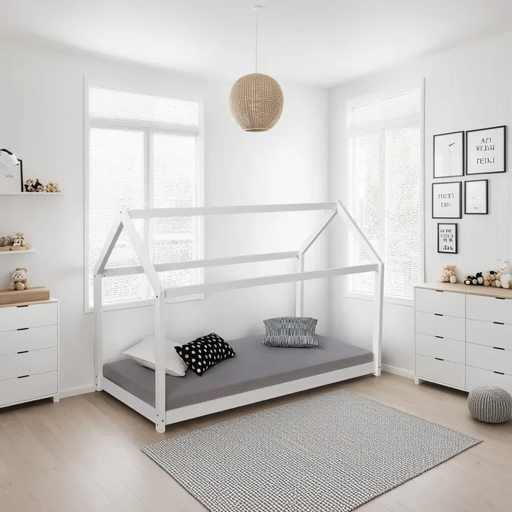 Homestyle4u Kinderbett Kinderhaus Spielbett Hausbett Holzbett weiss 90x200 cm
