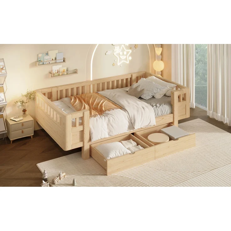 Merax Hochbett 90x200 Kinderbett, mit hohem Schutzgitter & zwei großen Schubladen, Holzfarbe – Bild 6