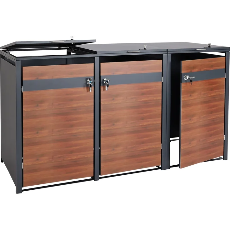 3er Mülltonnenverkleidung HWC-J82, Mülltonnenbox, erweiterbar, Metall 80kg, anthrazit ~ Kirsche-Holzoptik dunkelbraun – Bild 10