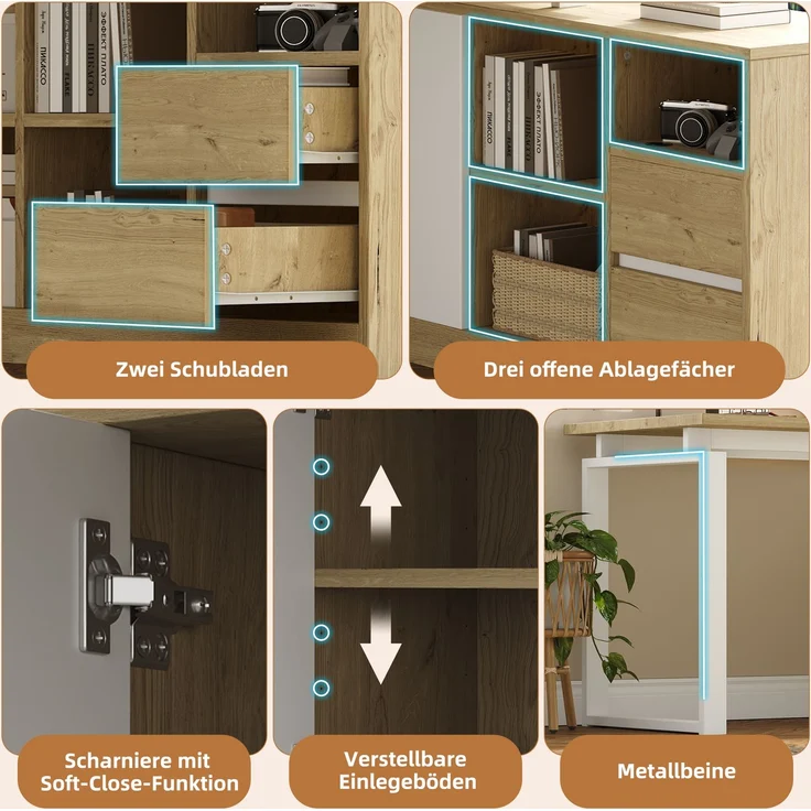 Flieks L-förmiger Schreibtisch 152x113.5x76 cm, Bürotisch mit 2 Schubladen, 3 offenen Regalen & 1 Schrank, Naturholzfarbe & Weiß – Bild 5