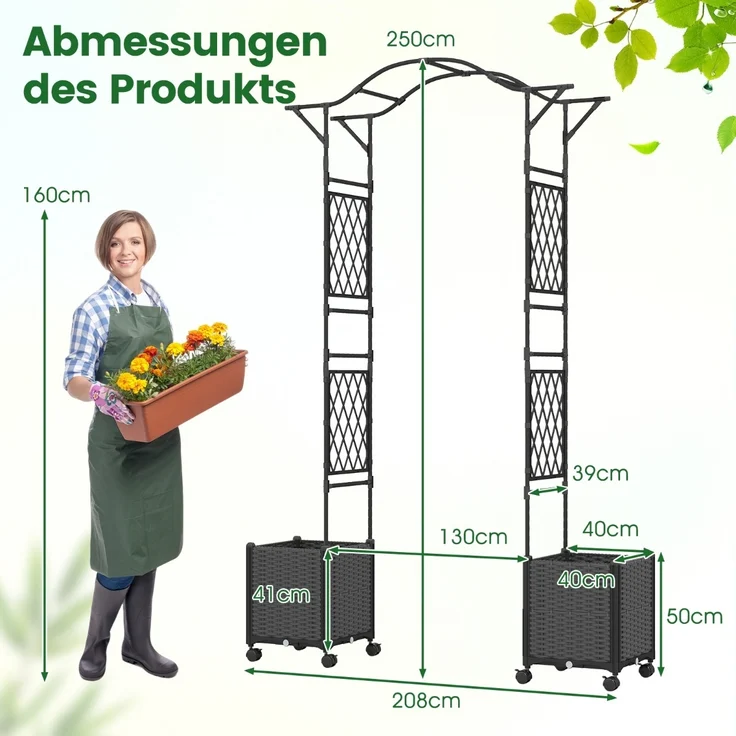 2 in 1 Rosenbogen mit Blumenkasten Gartenbogen aus Metall & PP Spalier Rankbogen Grau – Bild 2