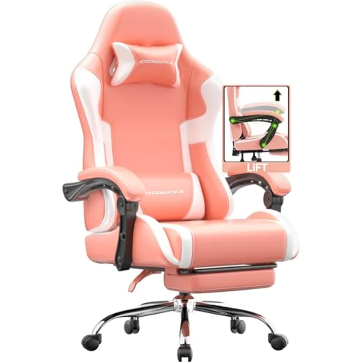 Dowinx Gaming Stuhl Bürostuhl Massage Gaming Sessel mit höhenverstellbaren Linkage-Armlehnen, ergonomischer Gamer Stuhl mit Fußstütze, gepolstert Gaming Chair 150° neigbar bis 180 kg, Rosa – Bild 2