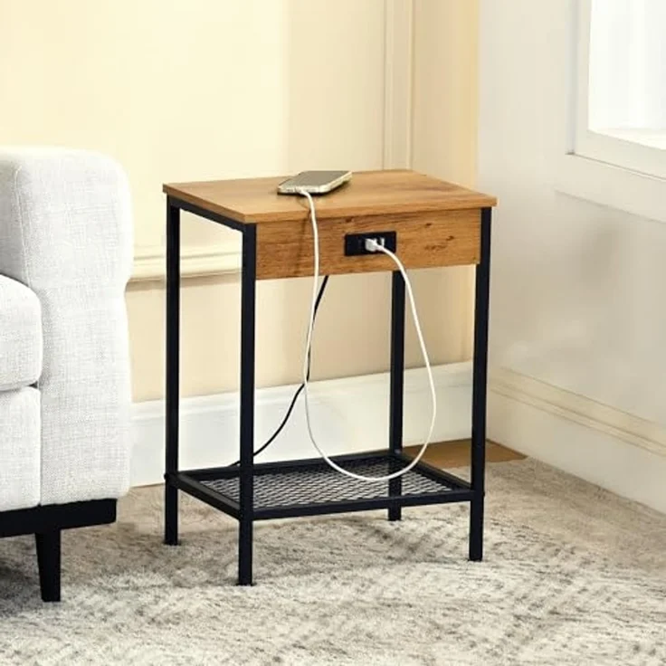 MEUBLE COSY Nachttisch 2er Set mit Ladestation Beistelltische 4 USB-Anschlüssen Couchtisch Klein Sofatisch mit Ablageboden für Wohnzimmer Schlafzimmer, Industrie, Metallgestell, Hellbraun, 38 x 28 x 52 cm – Bild 2