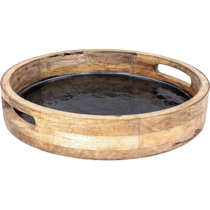 Levandeo® Dekotablett, Tablett 35cm Rund Mango Holz Grau Perlmutt Emaille Ablage