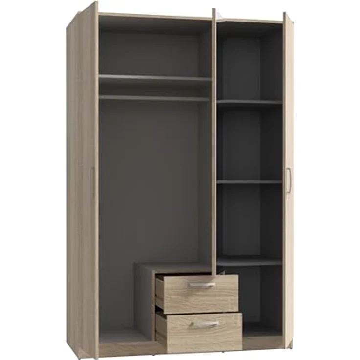 FORTE NIKO Schrank 120 130, Kleiderschrank mit Spiegel, Drehtürenschrank Skandinavisch 3-türig, mit 2 Schubladen, Einlegeböden und Kleiderstange, Sonoma Eiche, 123 cm breit x 185 cm hoch x 53 cm tief – Bild 5