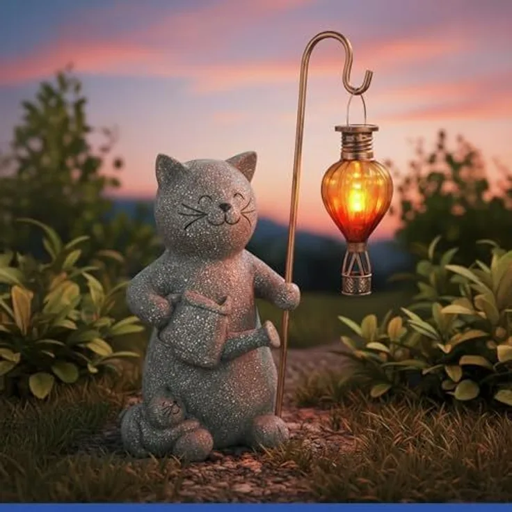 Maximex Solar Gartenfigur Katze mit LED-Heißluftballon, Solar Tierfigur mit warmem, flackerndem Licht, wetterfest, für Garten, Balkon und Terrasse, 16 x 26,5 x 15 cm, Polyresin