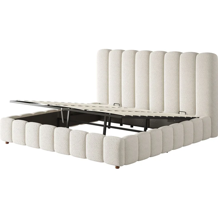 Polsterbett aus Bouclé mit hydraulischem Stauraum, 180x200 cm, Weiß, ohne Matratze – Bild 3