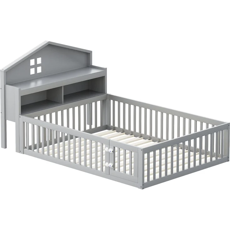 Kinderbett Hausform 140x200 cm mit Kreidetafel, Regalen & Tür,Massivholz Bodenbett,Grau – Bild 6