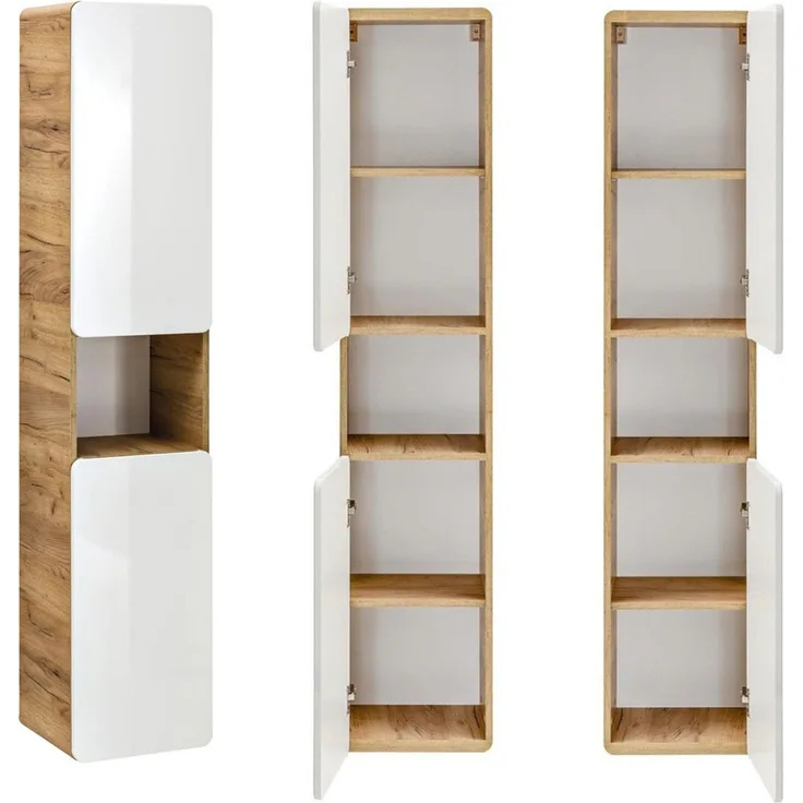 Badmöbel Hochschrank LUTON-56, Wotan Eiche Nb. Nb. Hochglanz weiß, B/H/T ca. 35/170/32 cm