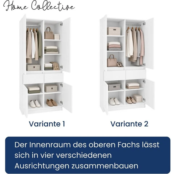 Home Collective Kleiderschrank Schrank Schlafzimmer Garderobenschrank Mehrzweckschrank Hochschrank (100 cm breit, mit 2 Schubladen, Kleiderstange & Einlegeböden) Wäscheschrank, vielseitig, grifflose Front, Weiß – Bild 3