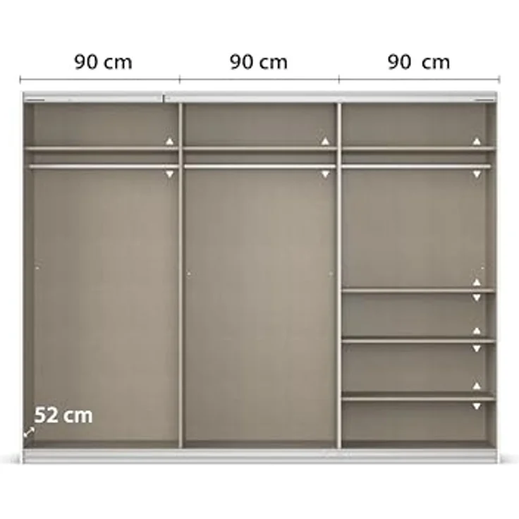 Rauch Möbel Kulmbach, Kleiderschrank mit Schwebetüren für Schlafzimmer, Kinderzimmer, Jugendzimmer, Garderobe, Flur, 3-türig, mit Spiegel, Zubehör Classic, Farbe Beige, Breite 271 cm – Bild 7