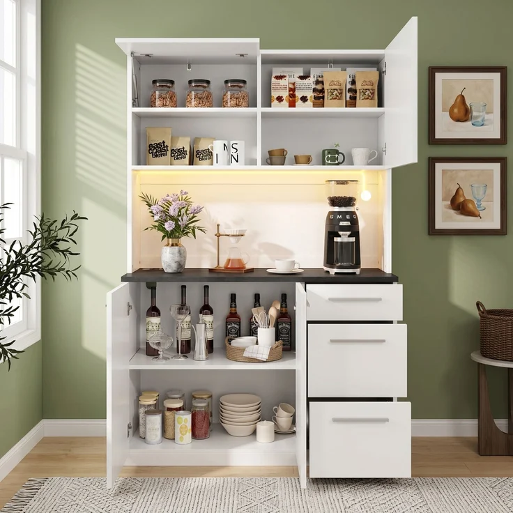 Merax Buffetschränke, Esszimmer-Hochschrank 120×40×180 cm, mehrstufigem Stauraum, integrierter Steckdose sowie USB-C- und USB-A-Anschlüssen,Mit farbigem Lichtstreifen, Weiß – Bild 3