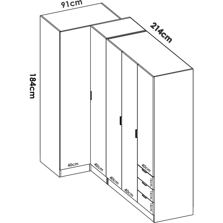 Dmora Großer Kleiderschrank Atena, Eckschrank für Schlafzimmer, Eckschrank mit 5 Flügeltüren, 214 x 91 x 184 cm, Eiche – Bild 3