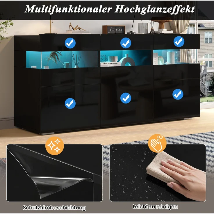 DESVIAE Sideboard Schwarz aus Spanplatte – 140x66,5x40,5 cm – 3 Türen, LED-Beleuchtung – Bild 4