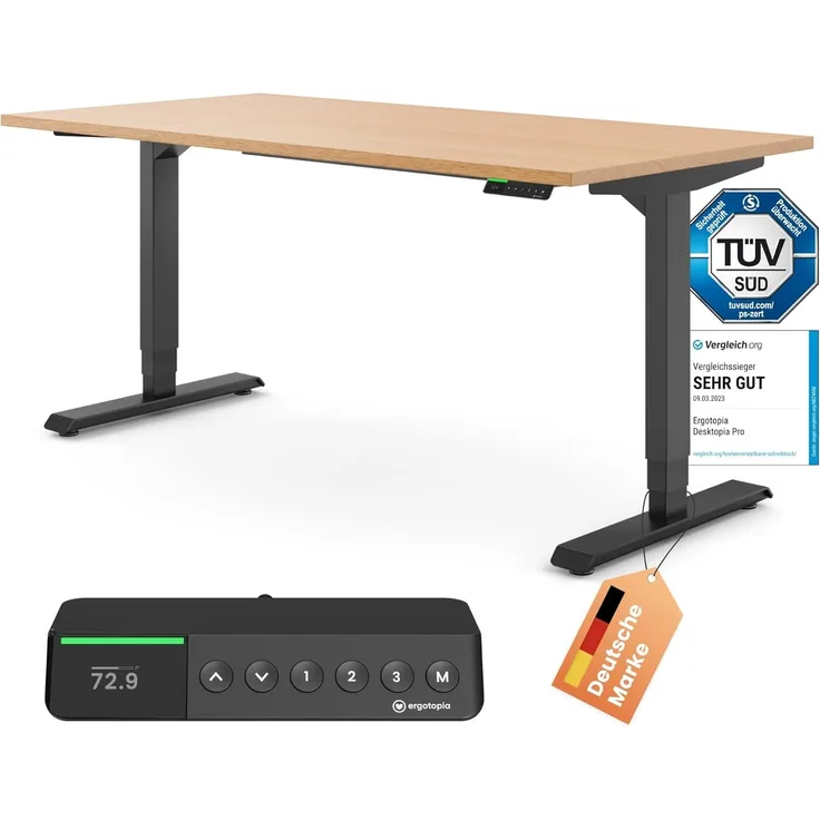 Ergotopia Desktopia Pro X I Elektrisch höhenverstellbarer Schreibtisch I 180x80 cm I Buche-Echtholz I Gestell Schwarz I Ziele- und Motivationsfunktion