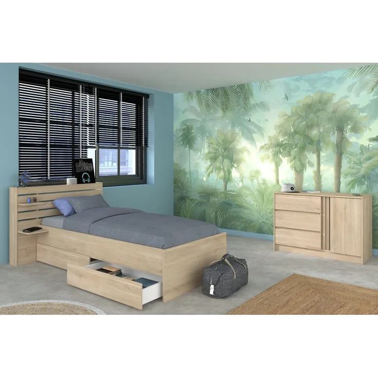 Stauraumbett Escale von Parisot Funktionsbett in Japanische Eiche mit Stauraum komplett Set – verschiedene Bettgrößen wählbar - Stauraumbett mit Kommode , 90 x 200 cm