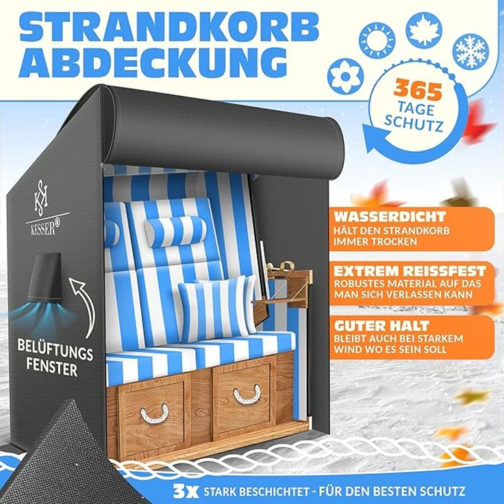 KESSER® Premium Strandkorb Schutzhülle mit Belüftungsöffnungen, Wasserdicht, Winterfest, UV-Beständiges, Reißfest, 600D Oxford Gewebe Abdeckung, Anthrazit, 160 x 120 x 90 cm – Bild 3