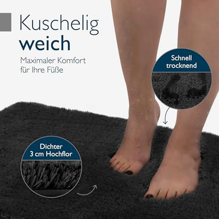 Beautissu Badematte BeauMare FL, rutschfest, Hochflor 30mm, 60x50cm, Schwarz, waschbar, Shaggy Optik – Bild 4