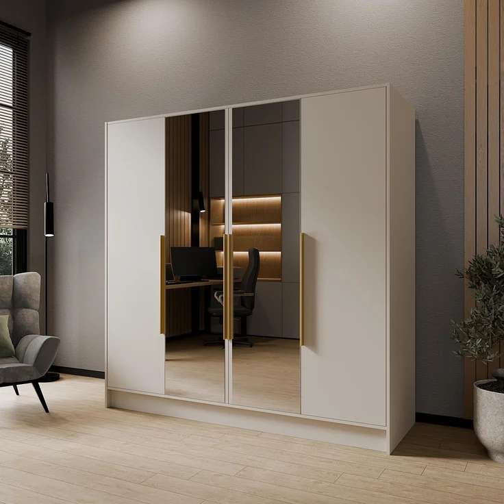 MEBLINI Kleiderschrank LUSINDA 200cm - Kaschmir - mit goldfarbenen Griffen - Drehtürenschrank mit zwei Spiegeln - Kleiderstangen und Regalböden – Bild 2