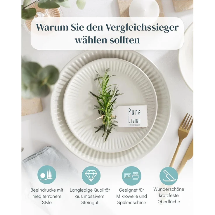 Steingut Geschirrset 6 Personen Hygge 24 tlg. TESTSIEGER, Traumhaftes Skandinavisches Steingut Geschirr Set, Schüssel- und Teller Set, Tafelservice 6 Personen, Geschirrsets Pure Living in Beige – Bild 2