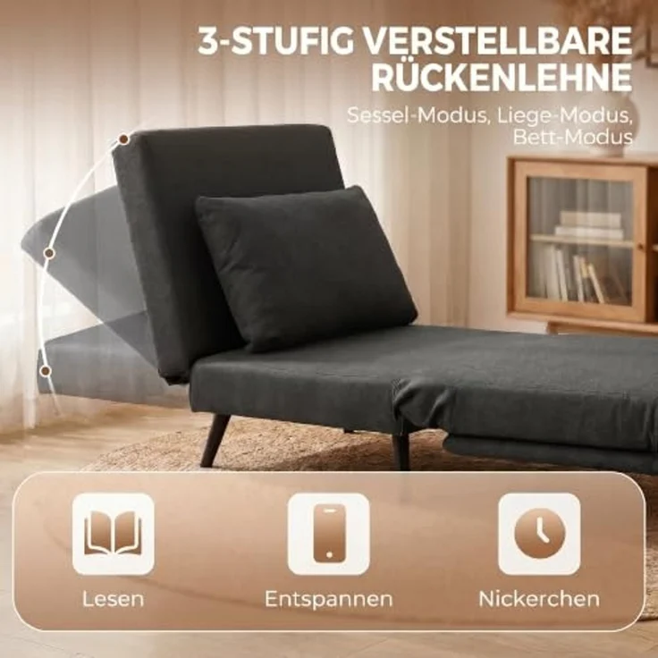HOMCOM Schlafsofa Schlafsessel Sessel 3-in-1 Bettfunktion, Leinenoptik Dunkelgrau, Set 1 Teile, 3-in-1, 3-fach verstellbar – Bild 5