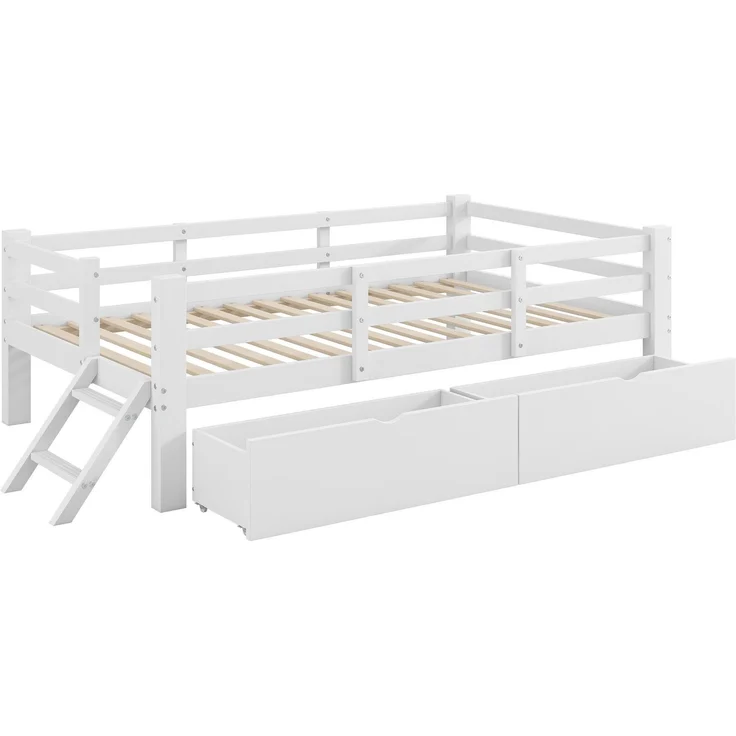 Kinderbett mit Trittleiter und 2 Schubladen, 90x200 cm, Rausfallschutz, Stauraum, Kiefer – Bild 9