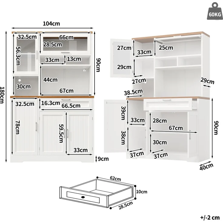 Küchenschrank, Hochschrank / Vitrine mit LED-Beleuchtung, 104x40x180 cm, weiß/schwarz, für Küche & Wohnzimmer--Weiß--104x40x180cm--YOUDENOVA – Bild 7