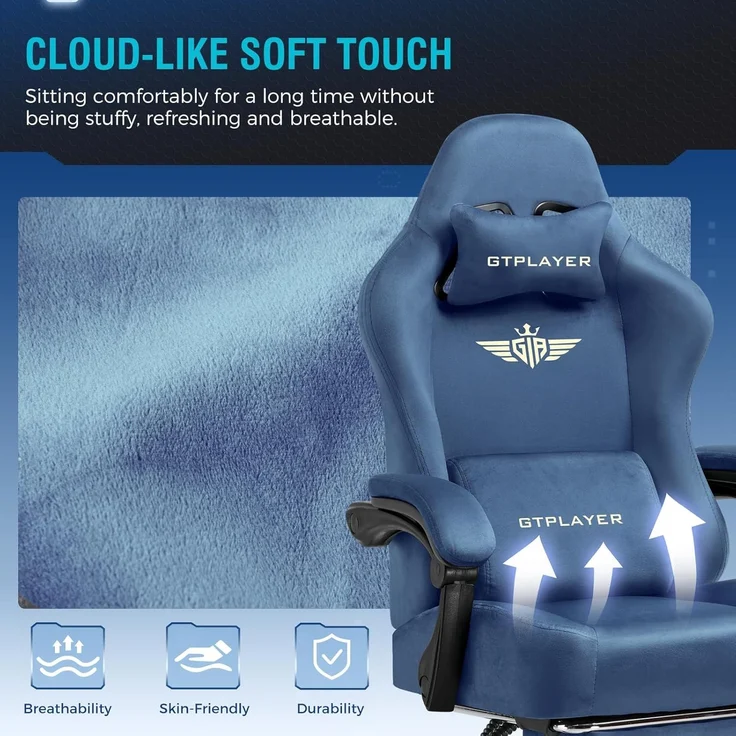 GTPLAYER Gaming Stuhl, Atmungsaktiver Bürostuhl, bürostuhl ergonomisch, Hochwertiger - Stoff, Ergonomischer PC Stuhl, 160° Verstellbare Rückenlehne und ausziehbare Fußstütze, Blau – Bild 7