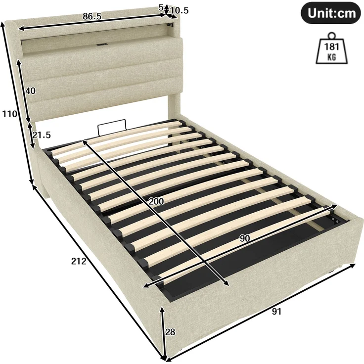 EINHOM Polsterbett, 90x200 cm, ohne Matratze, mit LED-Beleuchtung, mit Hydraulikmechanismus, mit USB- und Typ-C-Anschlüssen, Ablagefach, Ablagen für Gegenstände, Leinenstoff, Beige (Ohne Matratze) – Bild 2