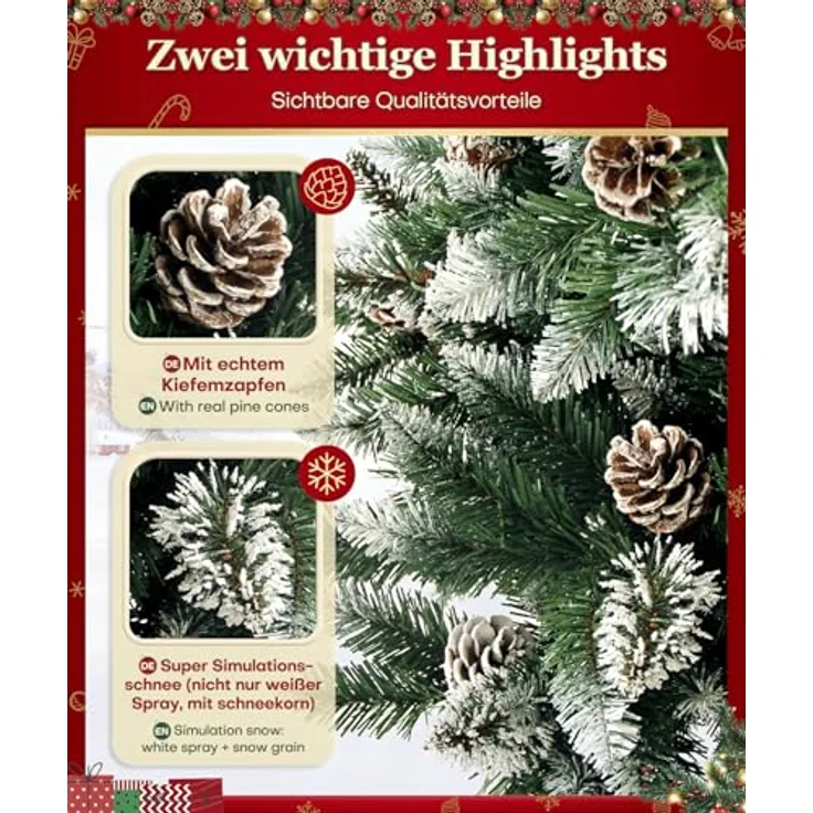Yorbay Künstlicher Weihnachtsbaum Künstlicher Tannenbaum mit Schnee, Kiefernzapfen, mit Ständer, Weihnachtsbaum Christbaum für Weihnachten-Dekoration – Bild 4