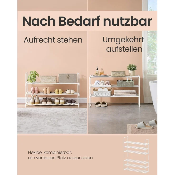 SONGMICS Schuhregal 3 Ebenen, Schuhständer Metall, Schuhaufbewahrung, Schuh-Organizer, aufrecht oder umgedreht, für 16-20 Paar Schuhe, stapelbar, Flur, 30 x 92 x 55 cm, perlweiß LSA303W03 – Bild 4