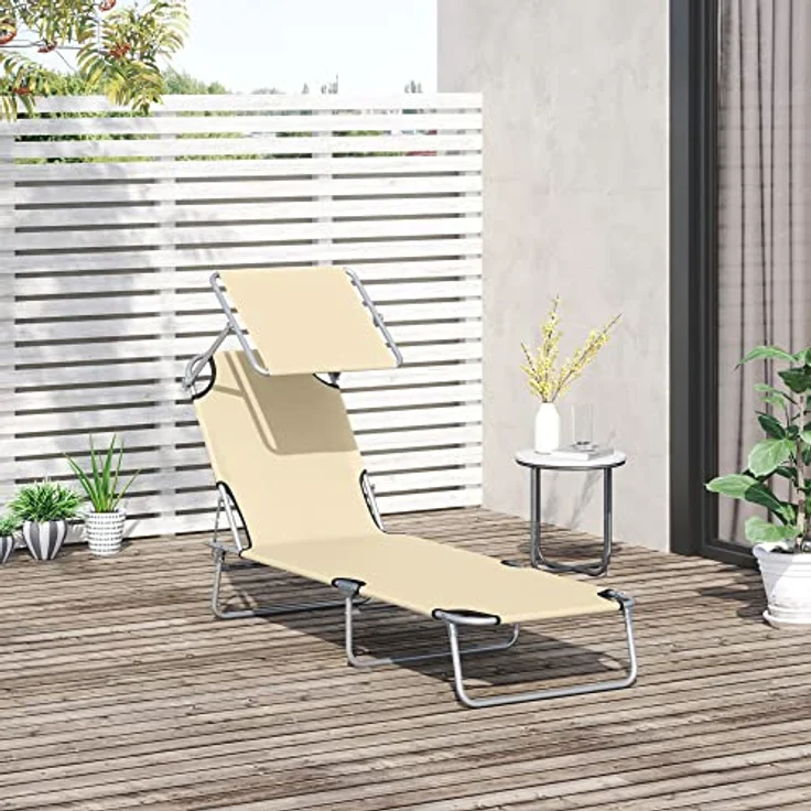 Outsunny Sonnenliege klappbar Gartenliege mit Dach, Liegestuhl mit 4-Fach verstellbare Rückenlehne, wetterfeste Campingliege bis 120 kg belastbar, für Garten Strand Pool, Beige – Bild 2