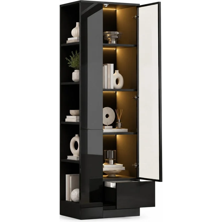 Glasvitrine 50 x 35 x 160 cm aus Spanplatte und Glas mit LED, Hochglanz in Schwarz – Bild 7