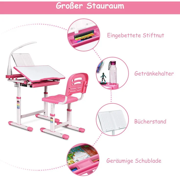 COSTWAY Kinderschreibtisch inkl. Stuhl und Lampe, rosa – Bild 5