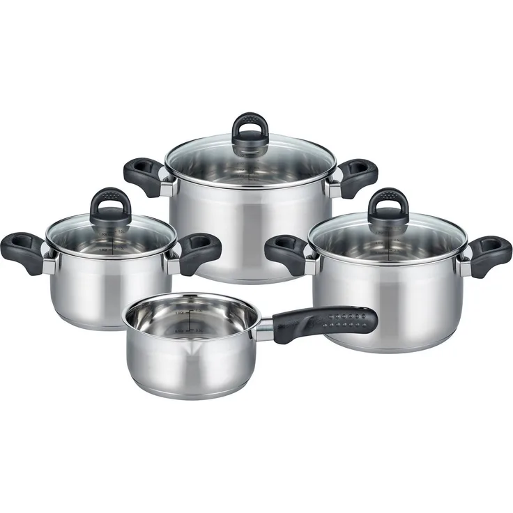 Elo Basic Topf-Set Turmalin, Edelstahl 18/10 (Set, 7-tlg, je 1 Fleischtopf Ø 16/20/24 cm, 1x Stielkasserolle Ø 16 cm), Öl-Dosiersystem, Induktion