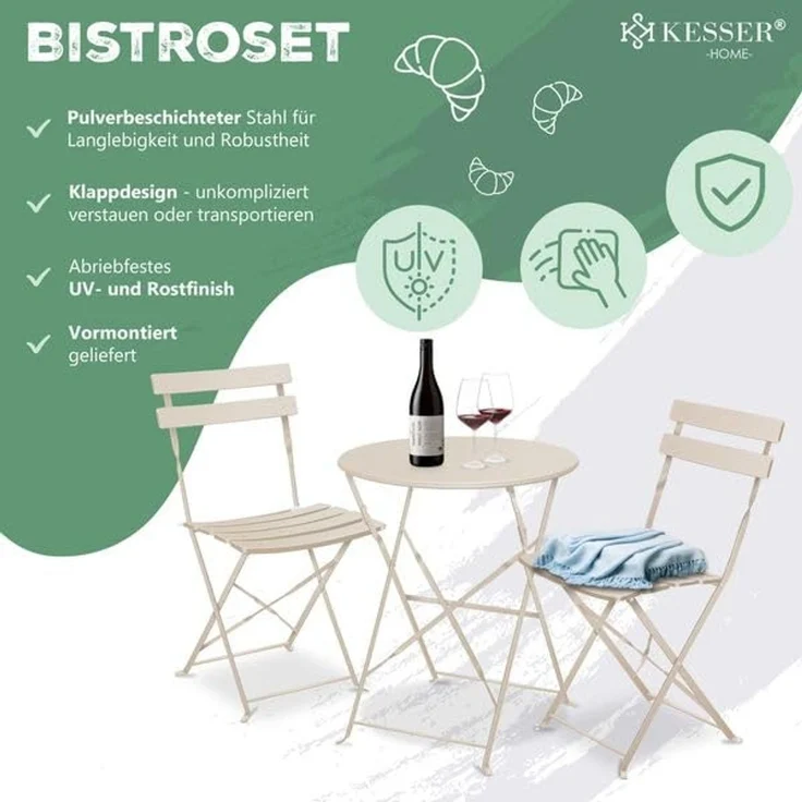 KESSER® Bistroset, 3-teilig, Bistrotisch mit 2 Stühle, inkl. Abdeckung, klappbar, Metall Cappuccino – Bild 2