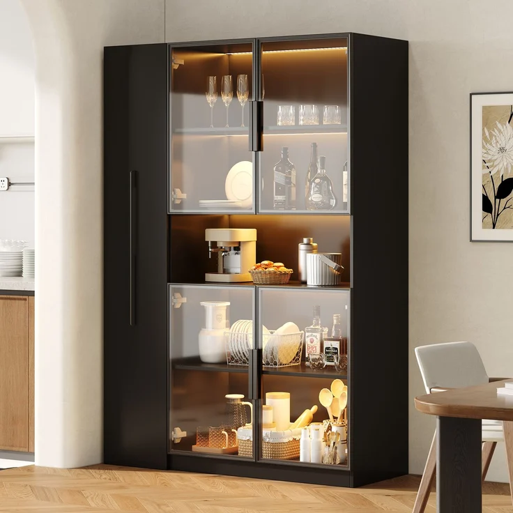 Vitrinenschrank 110x35x160 cm in Schwarz mit LED, Glasfront und Ausziehregalen – Bild 4