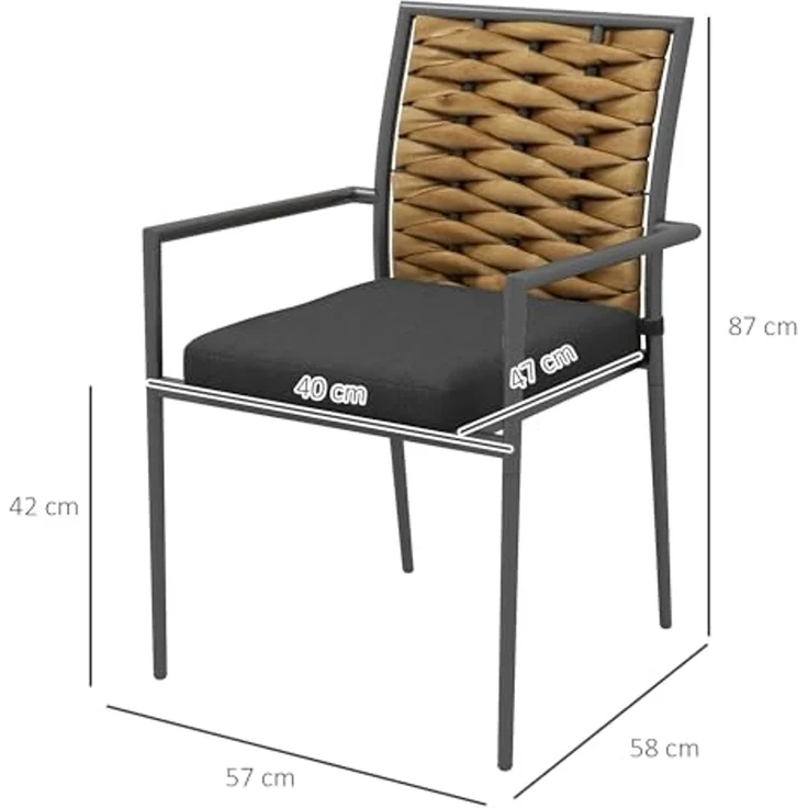 Outsunny 2er-Set Rattan Gartenstuhl Gartensessel Set mit Kissen, Stapelbarer Gartenstuhl, Balkonstuhl für Terrasse, Stahl, 57 x 58 x 87 cm, Schwarz – Bild 3