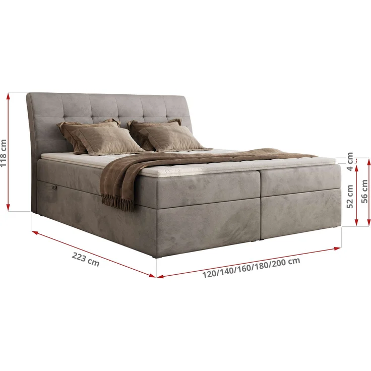 Boxspringbett DAGOS 120 x 200 cm mit Kopfteil, Lattenrost und Stauraum – Doppelbett mit Matratze & Topper Visco , stabile Konstruktion, Bettkasten, modernes Design - Hellgrau Velvet - H4 – Bild 5
