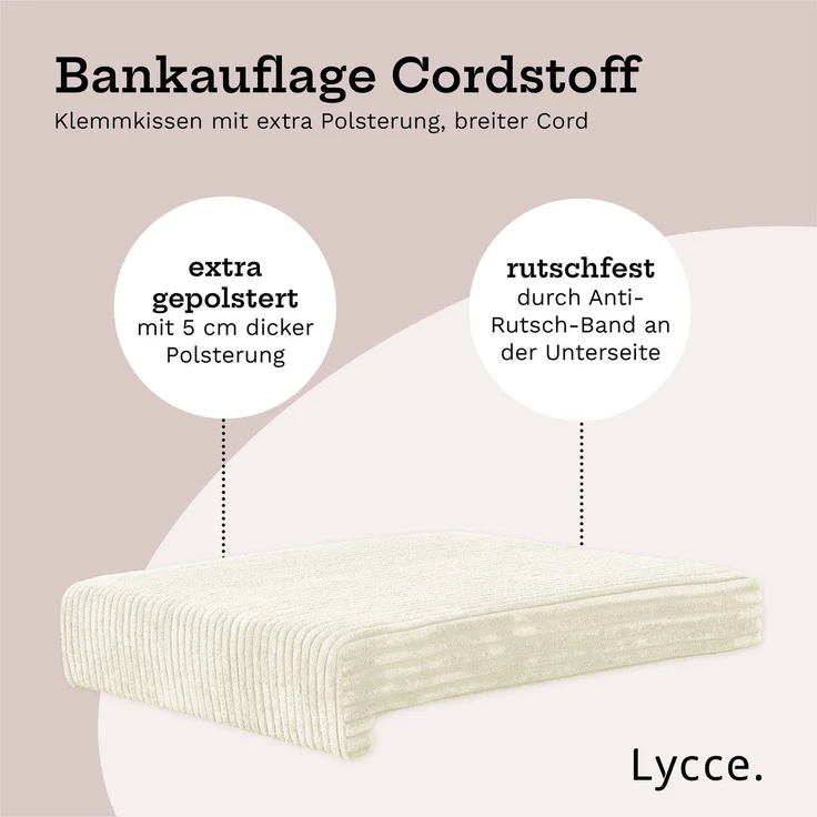 Lycce Bankauflage Klemmkissen mit Leiste - Cord, Polsterung, rutschfest Vanille 8x40x38cm – Bild 2