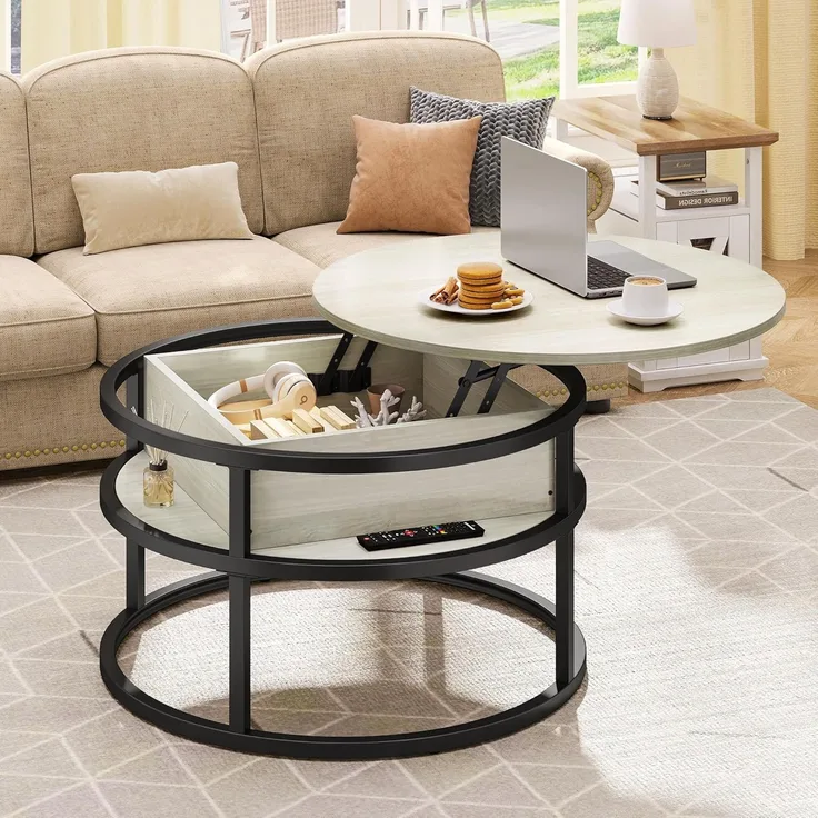 YITAHOME Couchtisch Höhenverstellbar, Runder Couchtisch mit Verstecktem Ablagefac, Beistelltisch Rund mit Stauraum, Hubplatte Wohnzimmertisch, 80 x 80 x 47 cm, Weiße Eiche