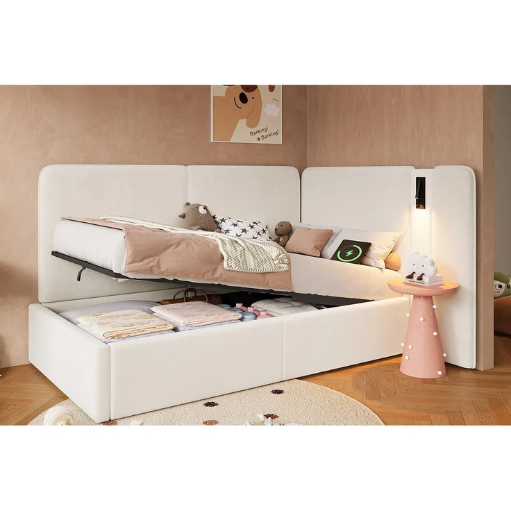 Merax Einzelbett, Kinderbett, Polsterbett 90x200 cm Daybett, mit hydraulischem Stauraum Aufladen Leselampe, Samt, beige – Bild 3