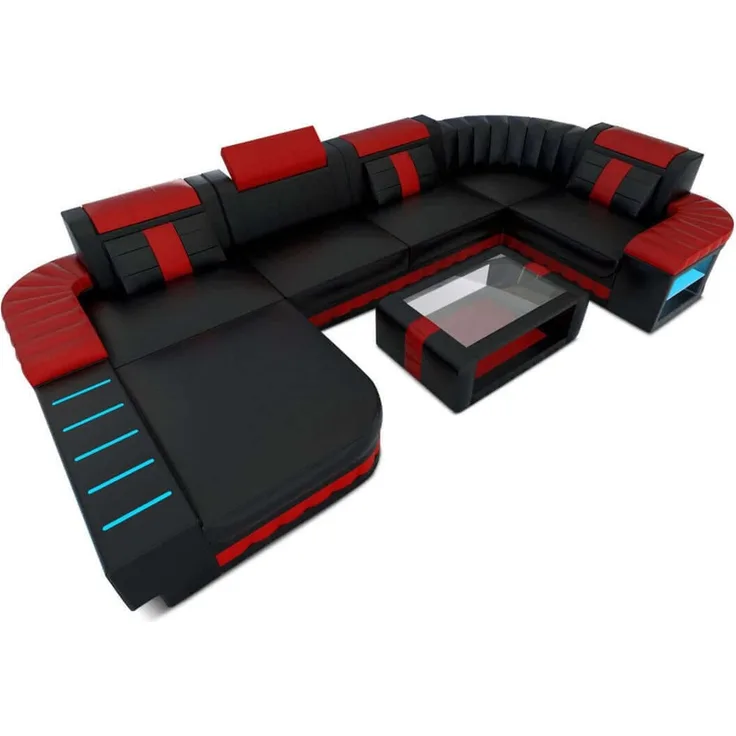 Sofa Dreams - Mini Designer Wohnlandschaft Bellagio Led U-Form - Kunstleder - Schwarz-Rot - Links