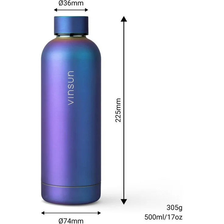 Vinsun Isolierflasche Edelstahl Flasche 500ml, Thermoflasche Kohlensäure geeignet, BPA frei, Auslaufsicher, doppelwandig, bruchsicher, geruchs- & geschmacksneutral – Bild 2